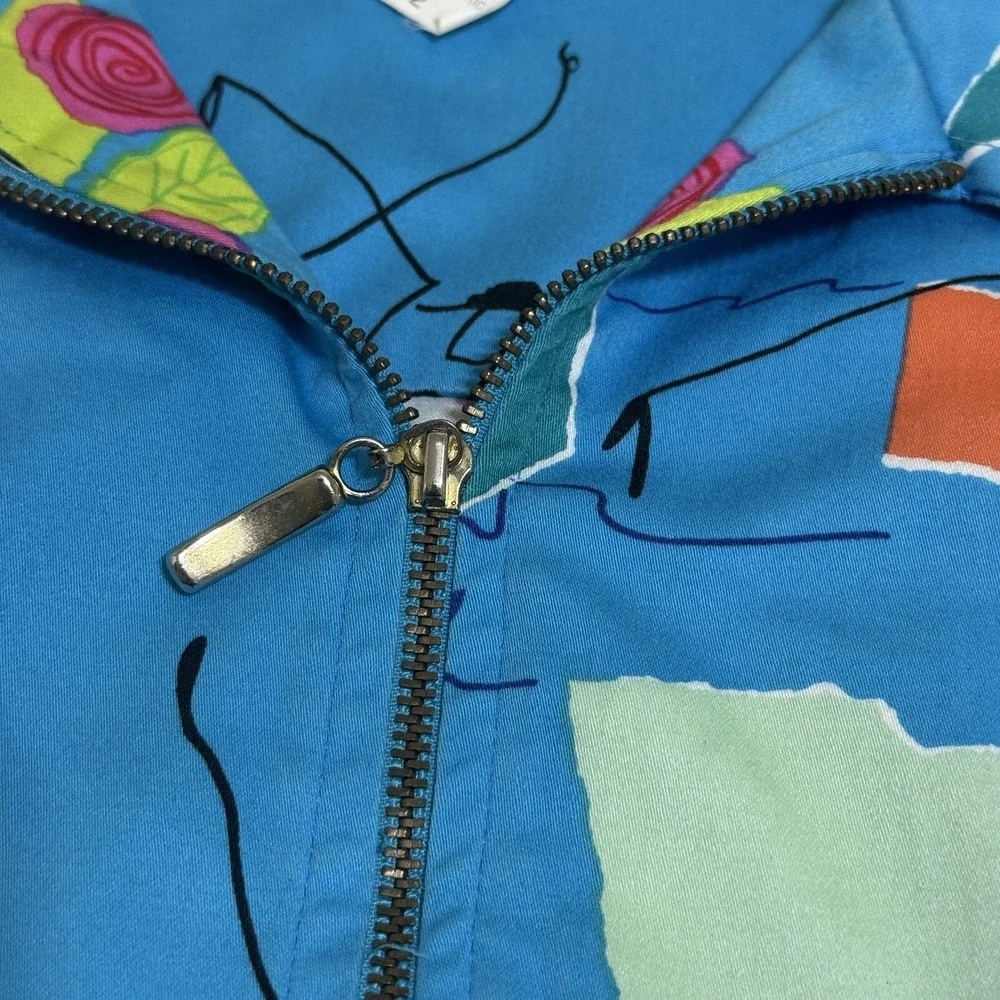 Vtg Women's Jacket Coat Sz 12 Funky Art To Wear Full Zip Houses Boats Travel 90s